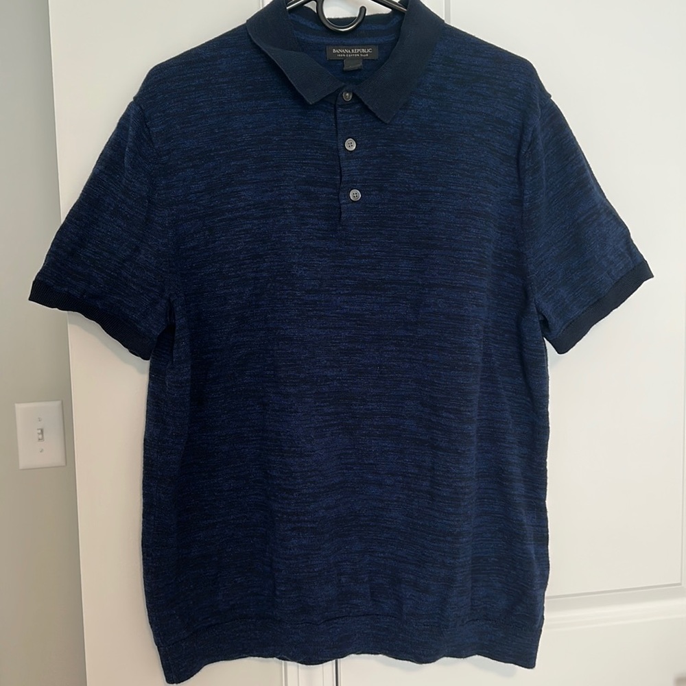 Banana Republic Men's Blue Black Marled Polo with Fitted Hem Cotton Size XL
